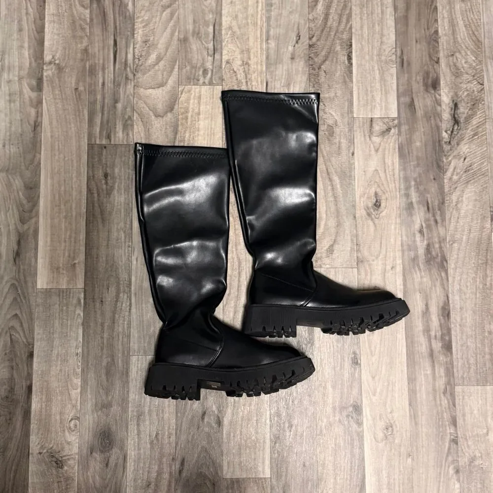 Black Chunky Vegan Leather knee high boots